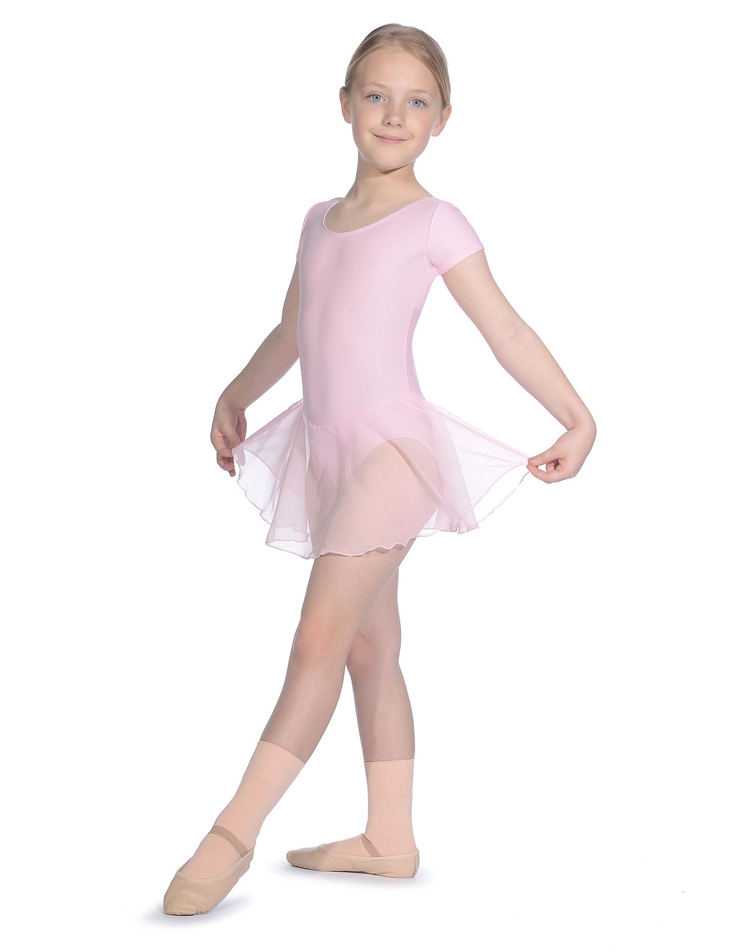 Short sleeved leotard with attached skirt