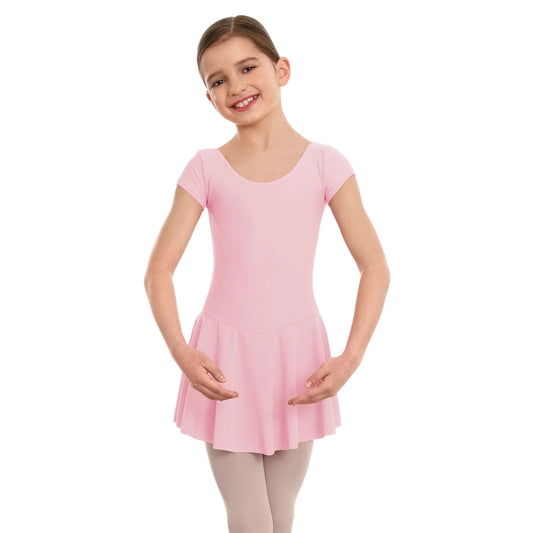 Pink short sleeved leotard with attached skirt